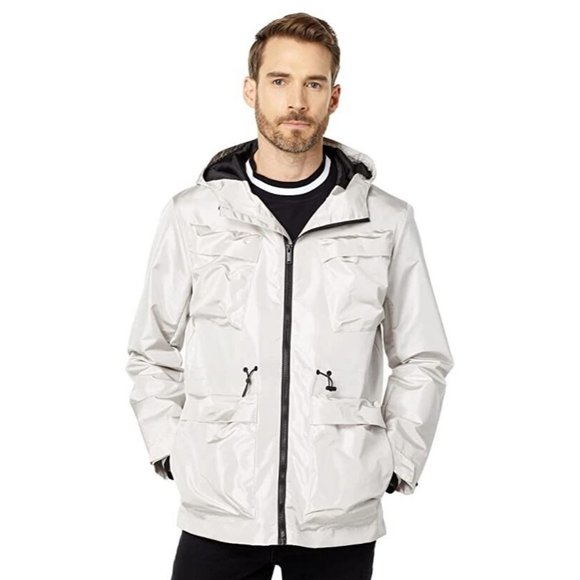 Karl Lagerfeld Men Paris Shiny Four-Pocket Hooded Jacket Silver Size L MSRP $229
